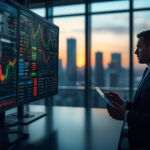 Trader analisando gráficos da bolsa de valores em monitores com tendências de mercado em tempo real