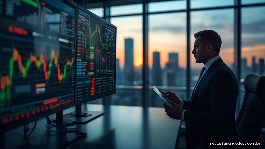 Trader analisando gráficos da bolsa de valores em monitores com tendências de mercado em tempo real