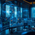 Profissional analisando gráficos econômicos com visualizações holográficas de inteligência artificial em ambiente corporativo moderno