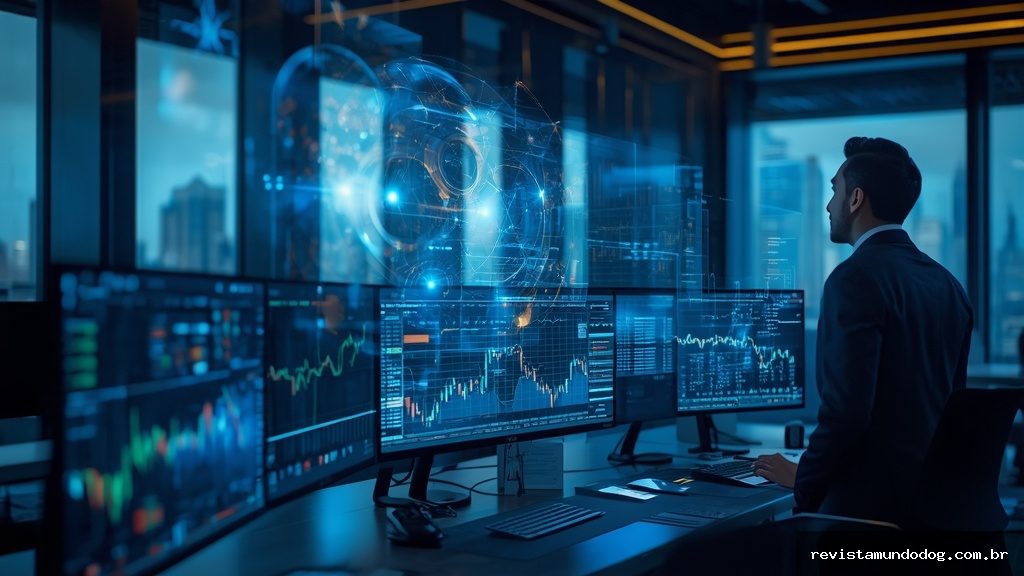 Profissional analisando gráficos econômicos com visualizações holográficas de inteligência artificial em ambiente corporativo moderno