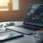 Mesa de escritório com notebook exibindo gráficos da bolsa de valores e smartphone com aplicativo de investimentos