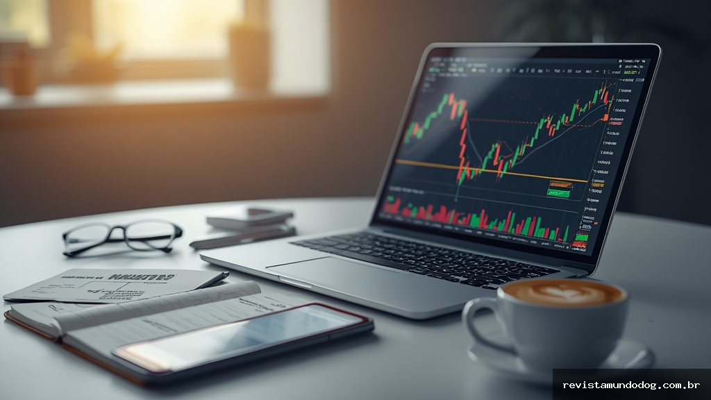 Mesa de escritório com notebook exibindo gráficos da bolsa de valores e smartphone com aplicativo de investimentos