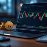 Mesa moderna com laptop exibindo gráficos de criptomoedas e moedas douradas de Bitcoin e Ethereum representando os melhores investimentos em cripto para 2024